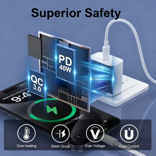 Mandotos 40W PD fast charger for iPhone 11-16 Pro Max and iPad Air, USB-C port with quick charge capability