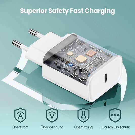 Mandotos International 40W PD fast charger for iPhone 11-16 Pro Max and iPad Air with USB-C and Quick Charge ports.
