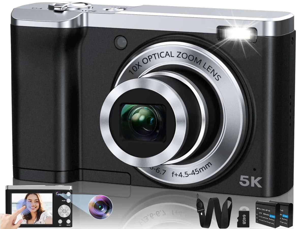 Mandotos International 56MP dual lens 5K autofocus camera with 10x zoom, showcasing the sleek camera body and lens details.