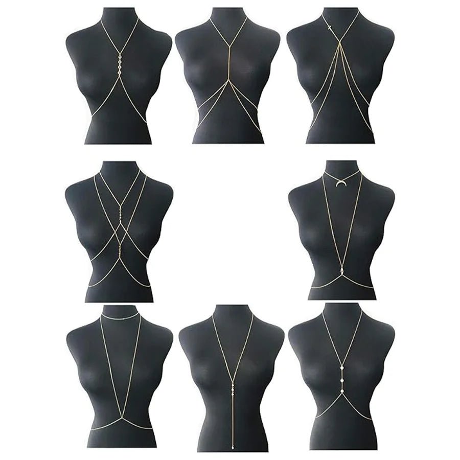 Set of 8 gold-tone body chain jewelry for women, includes belly and waist chains, perfect for summer beach bikinis and bikinis.