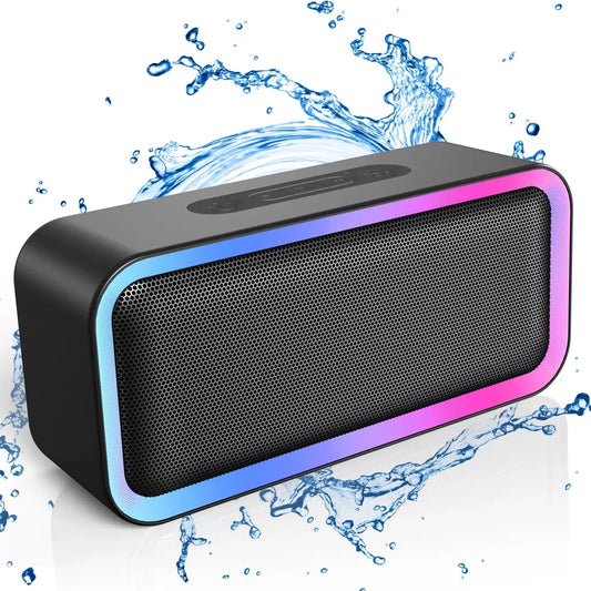 Mandotos International ACOME A6 waterproof Bluetooth speaker with 10W RGB lighting, TWS V5.0, and bass enhancement.