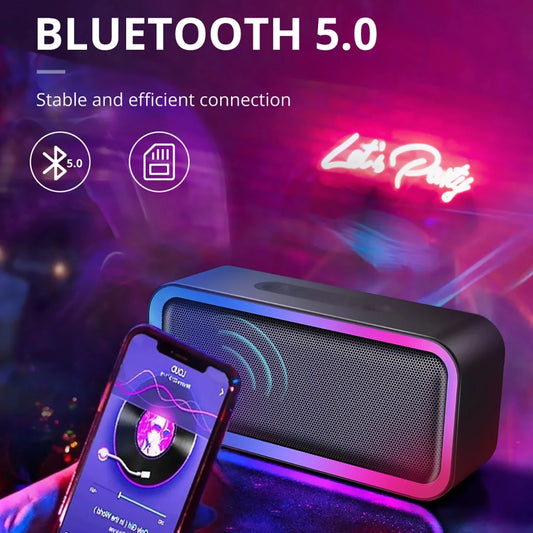 Mandotos International ACOME A6 waterproof Bluetooth speaker with 10W RGB lighting, TWS V5.0, and bass enhancement.