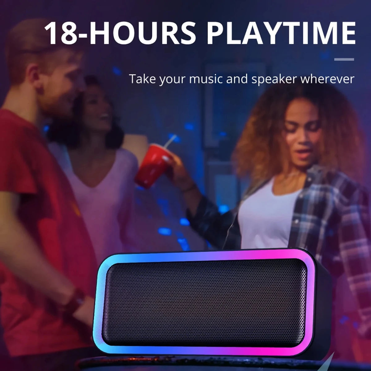 Mandotos International ACOME A6 waterproof Bluetooth speaker with 10W RGB lighting, TWS V5.0, and bass audio.