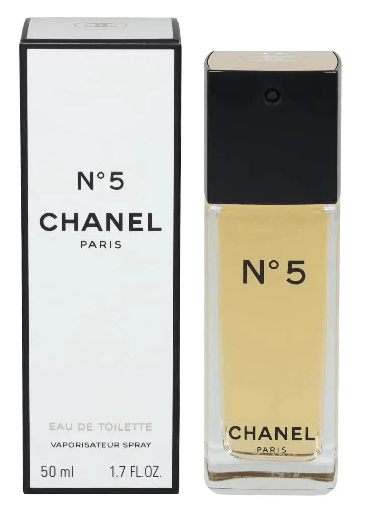 Mandotos International Chanel No.5 Eau De Toilette spray bottle, 50ml non-refillable, elegant perfume packaging.