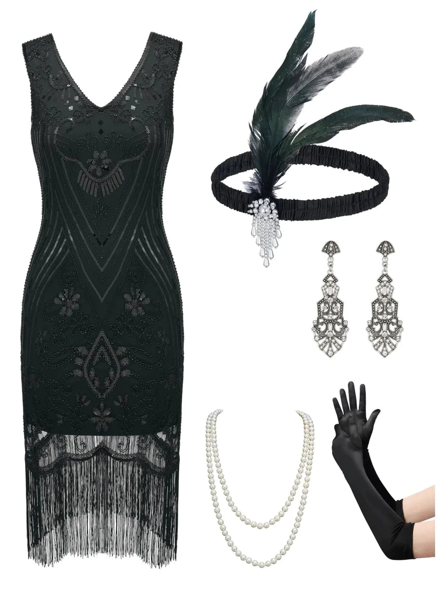 Black Charleston Chic 1920s flapper dress set by MANDOTOS INTERNATIONAL, featuring vintage-style fringe and beadwork, size XL.