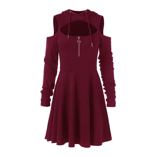 Mandotos International chic hooded zip dress featuring a stylish hood and front zip closure, casual and trendy for everyday wear.