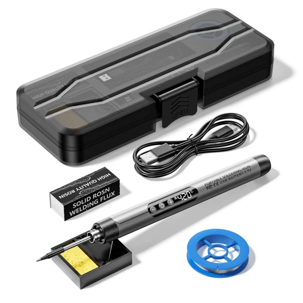 Mandotos International compact digital soldering iron with ergonomic handle and digital temperature display for precise soldering.