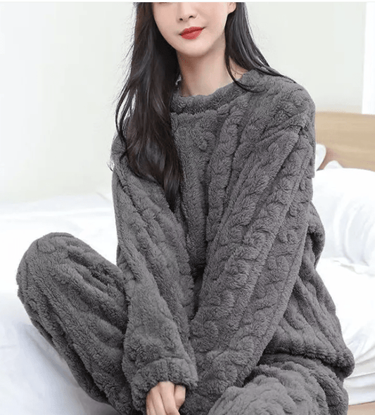 Cozy coral velvet sleepwear set by Mandotos International featuring a comfortable long-sleeve top and matching pants.