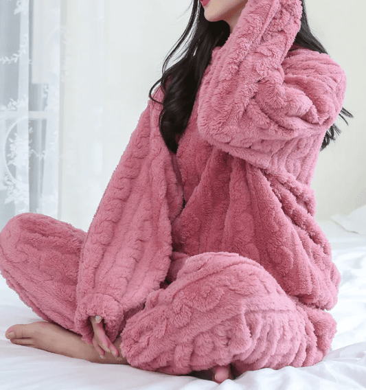 Mandotos International cozy coral velvet sleepwear set featuring a long-sleeve top and matching pants for comfortable lounging.