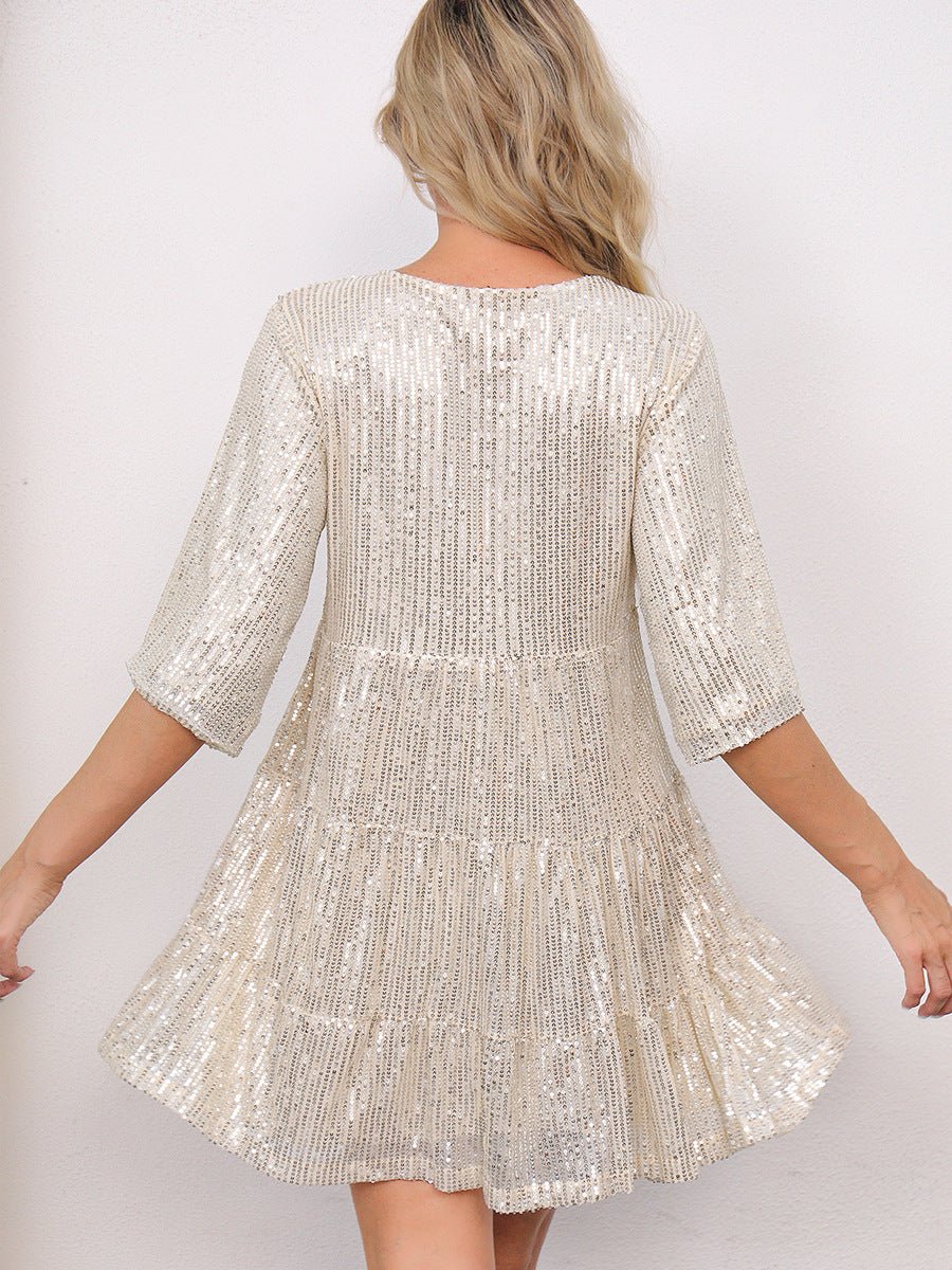 Mandotos International cross-border fashion sequined dress featuring European and US style with sparkling embellishments.