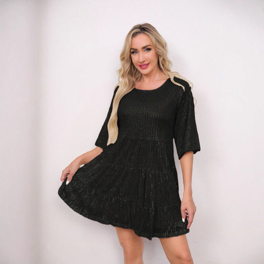 Mandotos International cross-border fashion sequined dress featuring European and US style, shown on a model in a stylish setting.