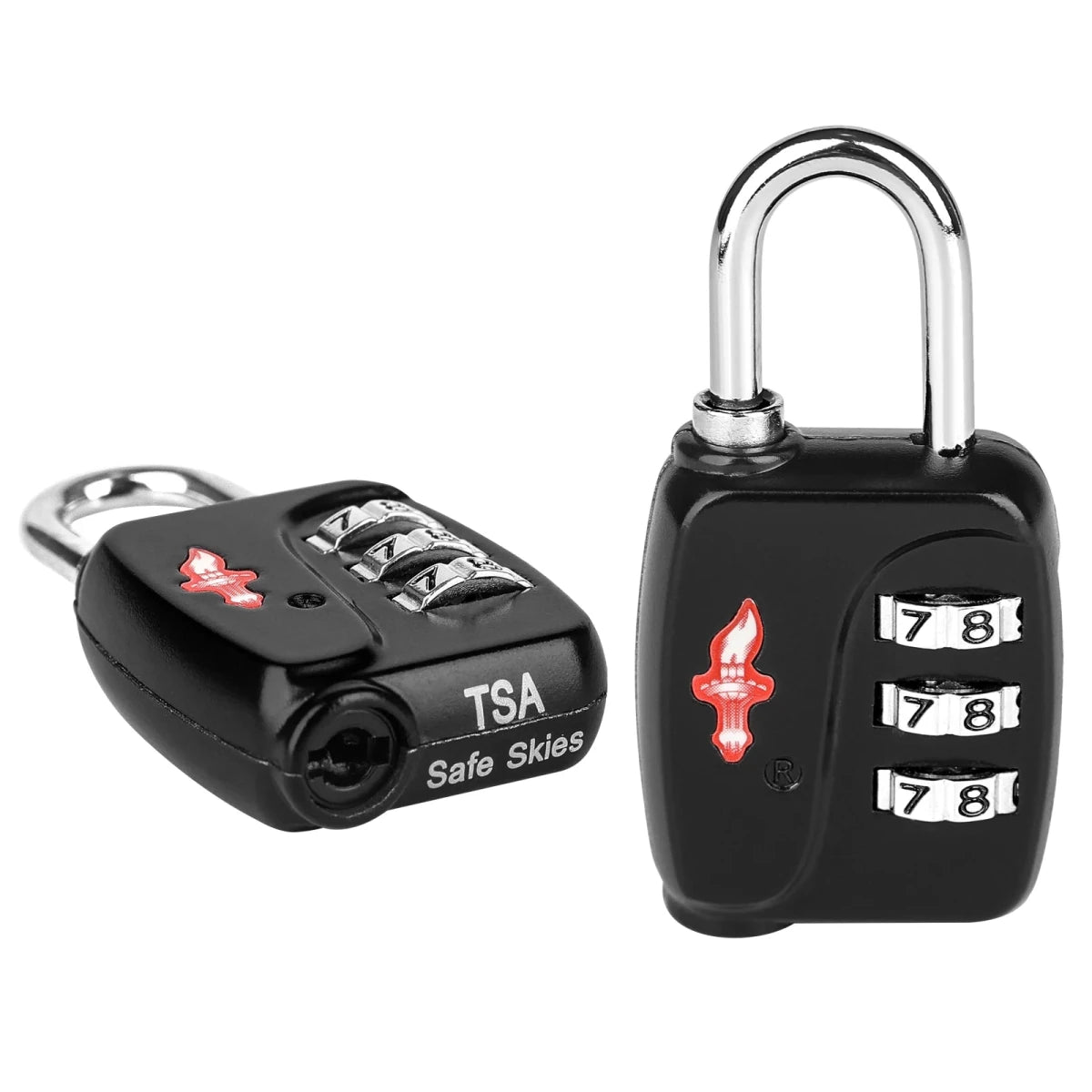 Mandotos International DUALVROWN black luggage lock with key and combination, ideal for travel and outdoor security.