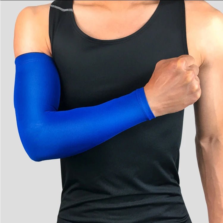 Mandotos International elastic sun protection arm sleeves with compression fit and quick-dry fabric, ideal for outdoor activities.