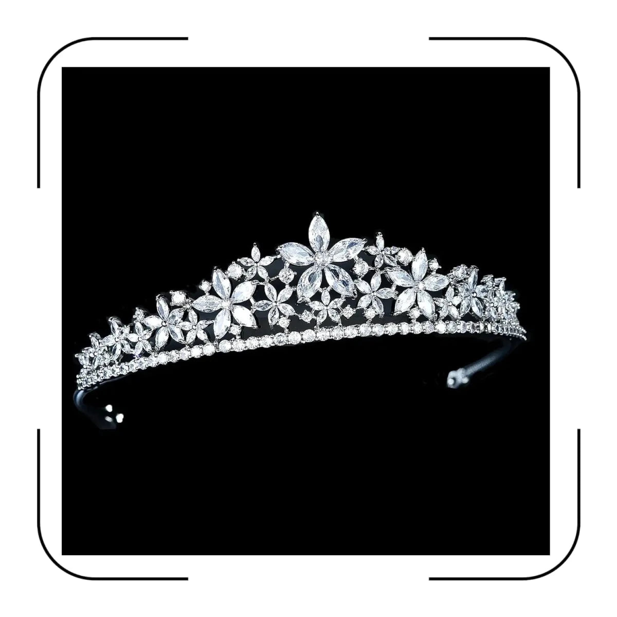 Elegant zircon bridal tiara by MANDOTOS INTERNATIONAL featuring sparkling stones and intricate silver detailing for special occasions.