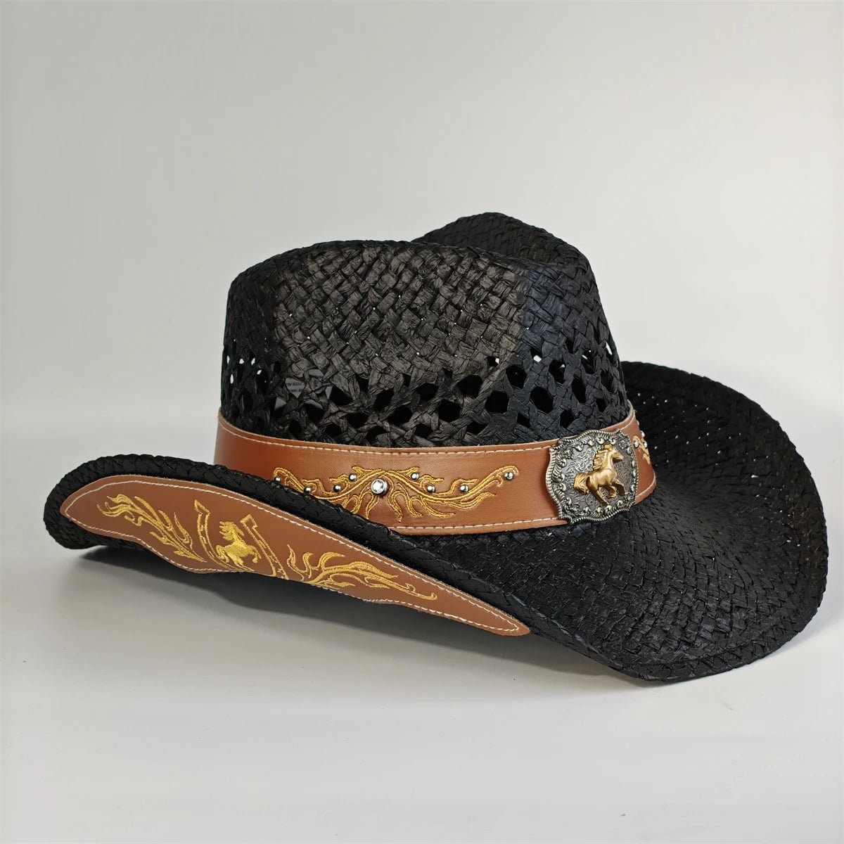 Embroidered straw cowboy hat by MANDOTOS INTERNATIONAL, Western sun hat for women and men, country rodeo cowgirl style