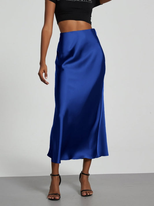 European American style satin midi skirt by MANDOTOS INTERNATIONAL, shown in a sleek, elegant design on a model.