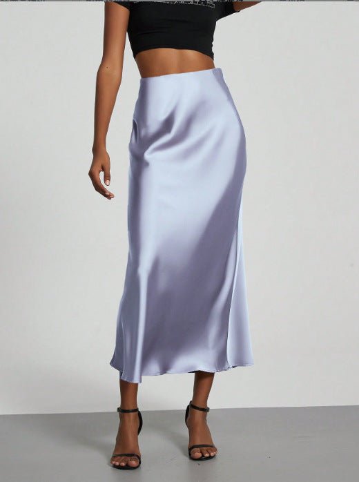European American style satin midi skirt by MANDOTOS INTERNATIONAL, featuring a smooth, elegant fabric and classic midi length.