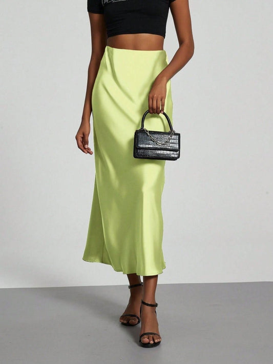 European American style satin midi skirt by Mandotos International, featuring a smooth, elegant fabric and classic midi length.