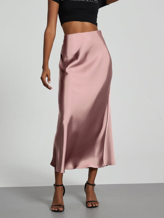 European American style satin midi skirt by Mandotos International, showcasing a sleek, elegant design with smooth satin fabric.