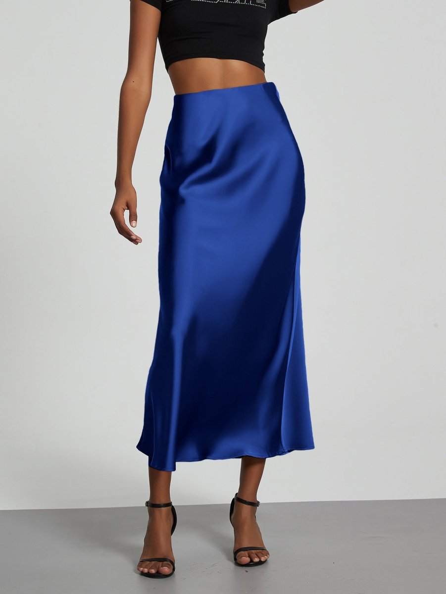 European American style satin midi skirt by Mandotos International, showcasing a sleek, flowy design perfect for stylish wear.