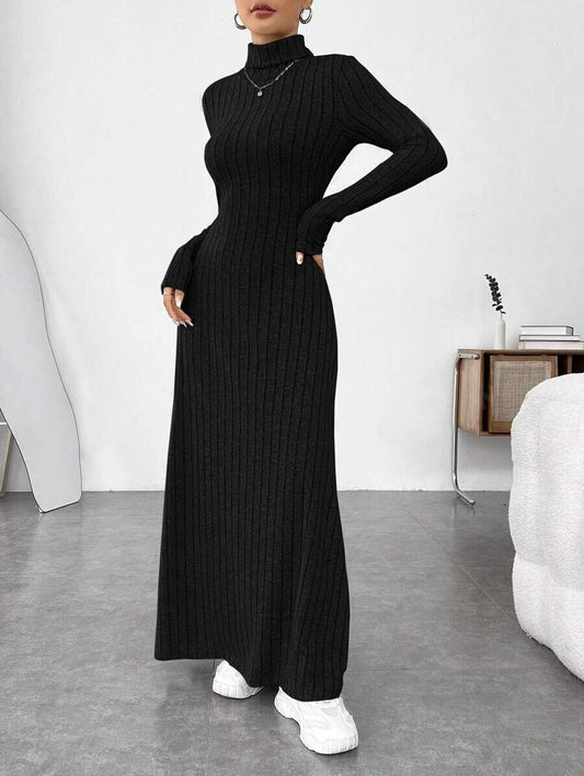 Mandotos International women's European and American cross-border autumn and winter slim-fitting high-collar dress with long sleeves and solid color.