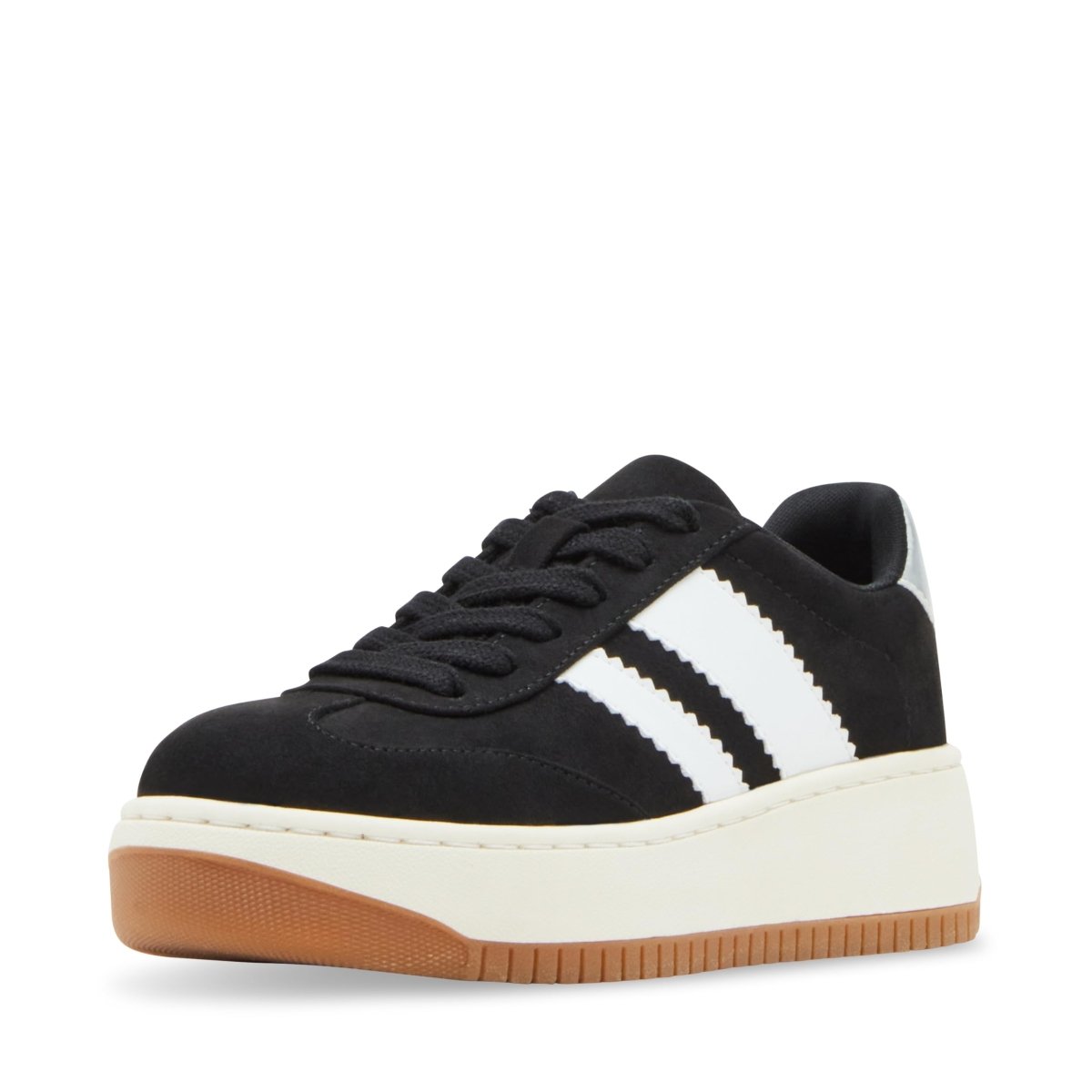 Black girls' Field Sneaker by Steve Madden, featuring a sporty design with white accents and a comfortable rubber sole.