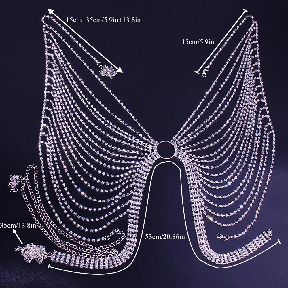 Geometric bikini chest chain by MANDOTOS INTERNATIONAL with crystal and rhinestone accents, featuring intricate metal design.
