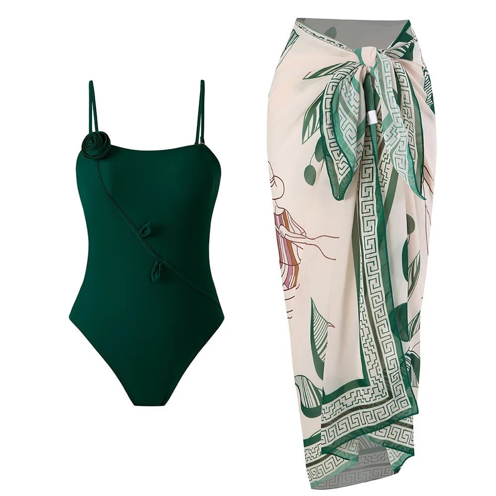 Mandotos International high-quality swimwear fabric with printed sarong and 2-piece bikini set, beach coverup wrap skirt and custom logo.