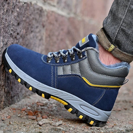 Mandotos International men's winter safety boots with steel toe cap, plush lining, puncture-proof soles, and durable work shoe design.