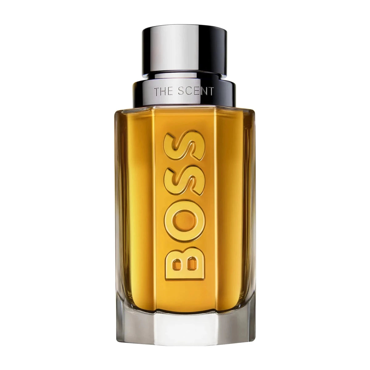 Hugo Boss THE SCENT For Men 1.6oz cologne bottle displayed in a sleek glass container with a black cap.