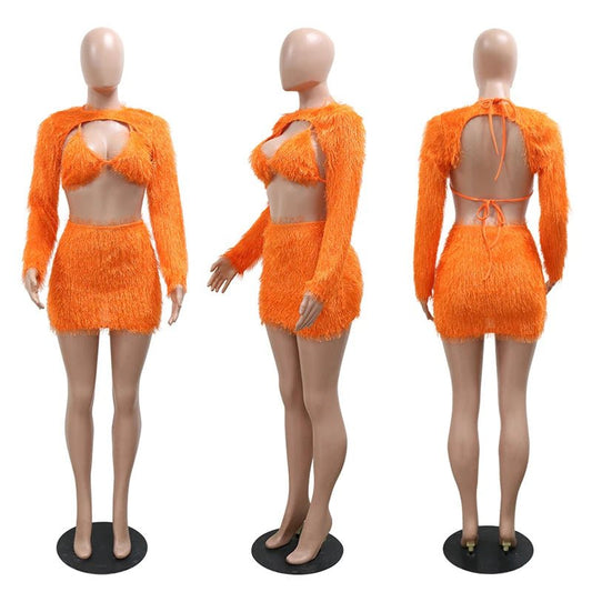 Mandotos International fleece 3-piece bikini and skirt set for ladies, suitable for club parties, in stock.