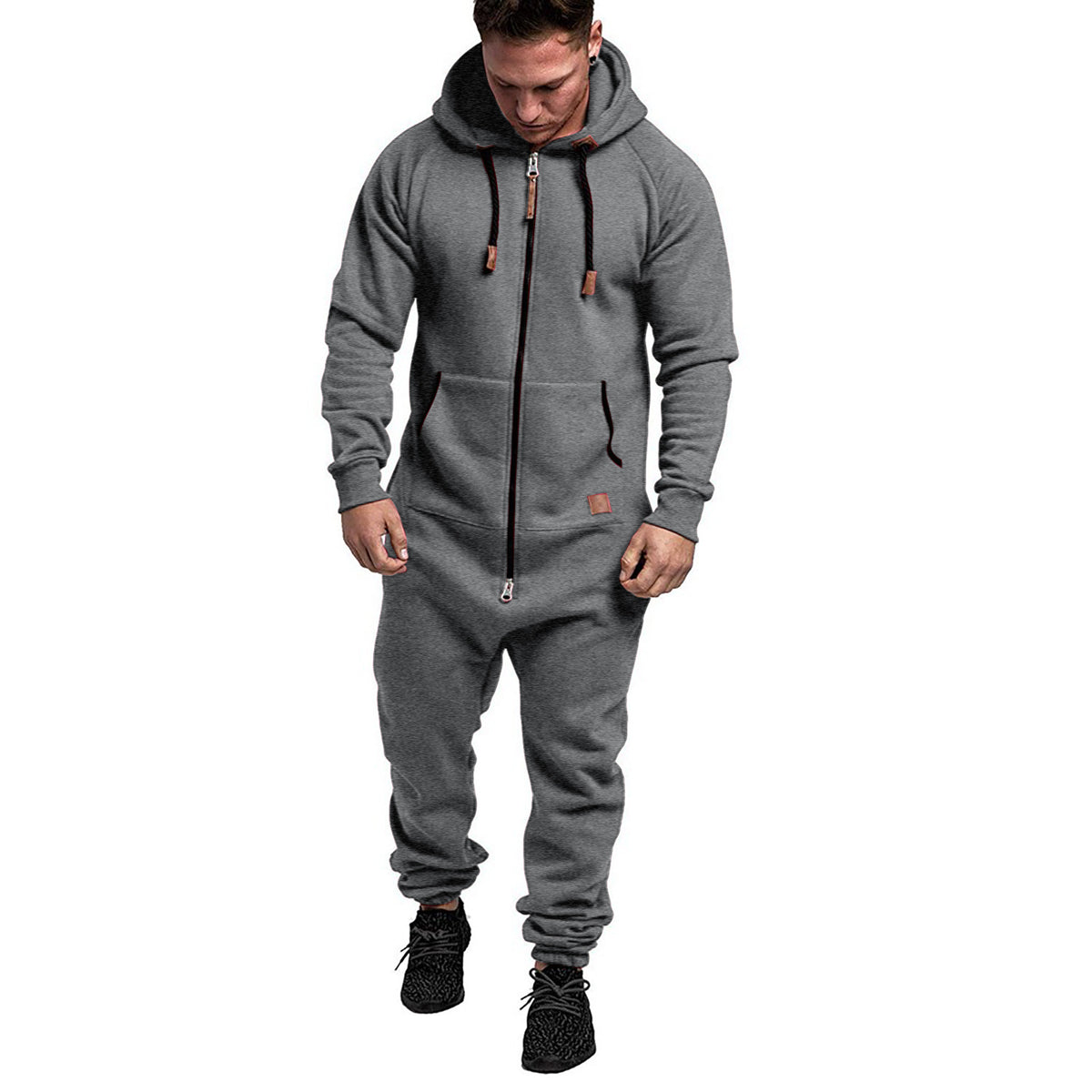 Mandotos International men's hooded fleece jumpsuit in solid color, casual and in-stock for easy fashion.