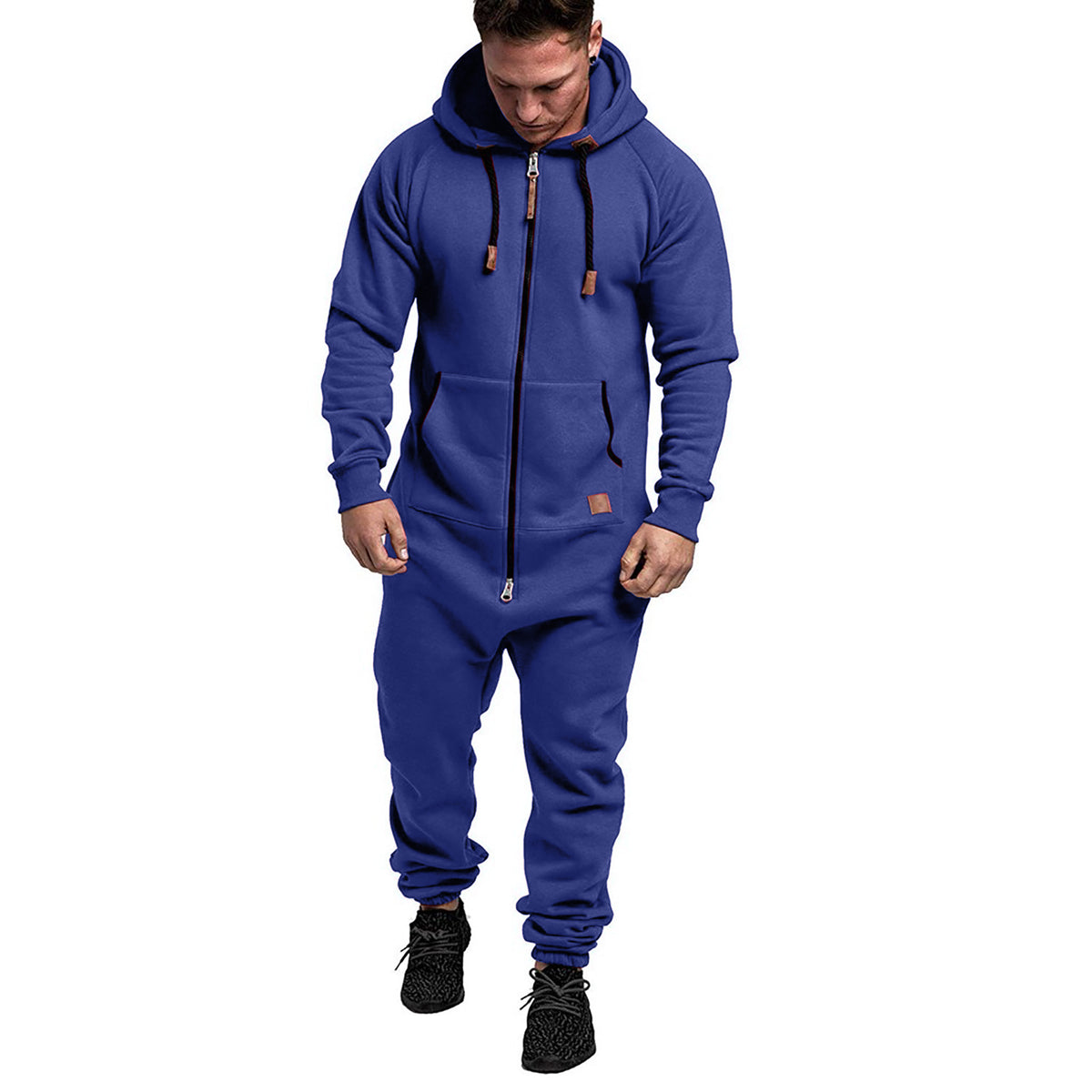 Mandotos International men's hooded fleece jumpsuit in solid color, casual and in-stock for comfortable wear.
