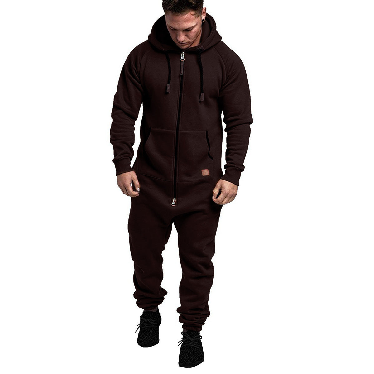 Mandotos International men's hooded fleece jumpsuit in solid color, casual style, in-stock foreign trade men's suit jumpsuit.