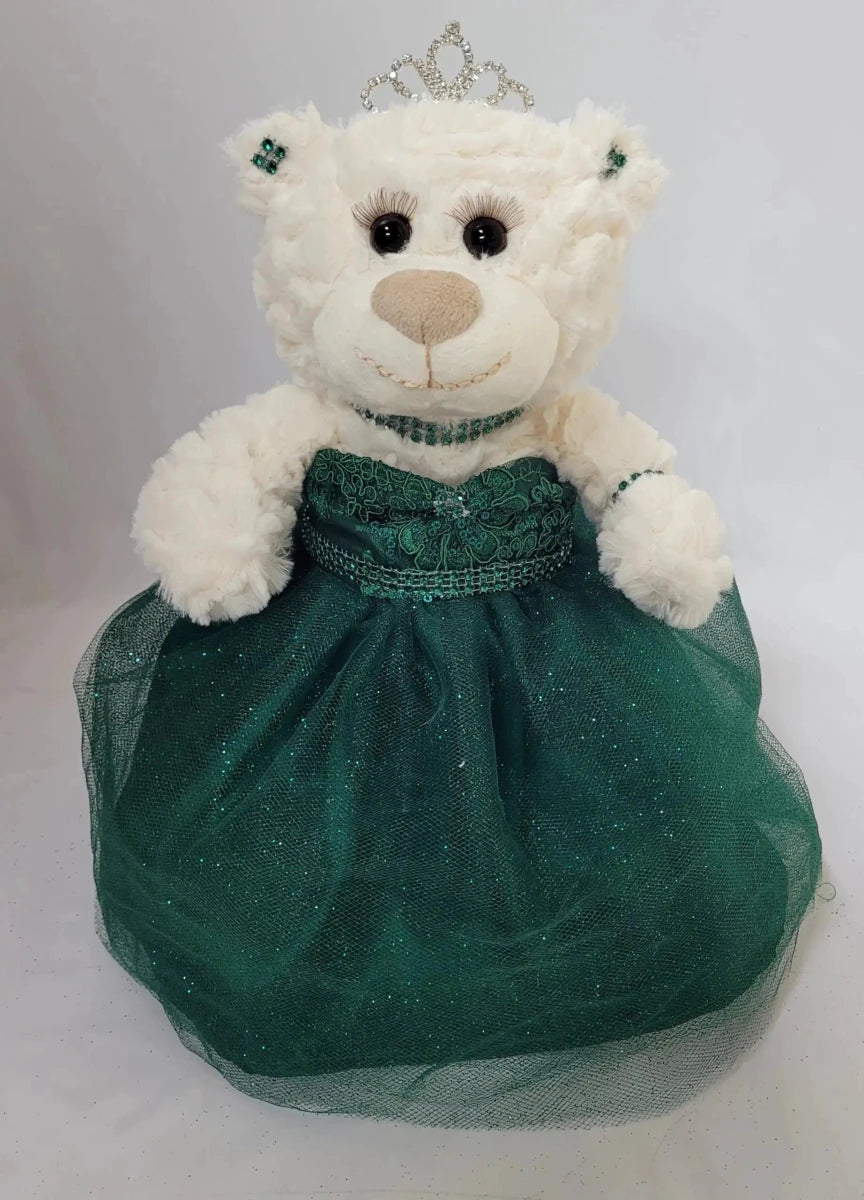 Emerald green 12-inch Quinceanera doll with dress and teddy bear, centerpiece from KINNEX COLLECTIONS SINCE 1997 by MANDOTOS INTERNATIONAL.