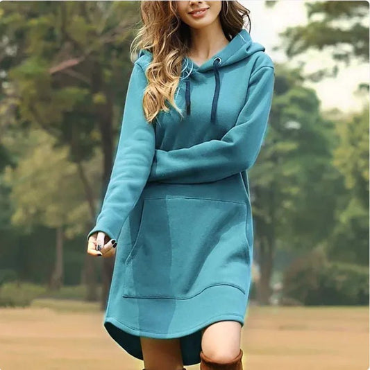 Ladies' hoodie dress with pockets by MANDOTOS INTERNATIONAL, featuring a comfortable fit and casual style.