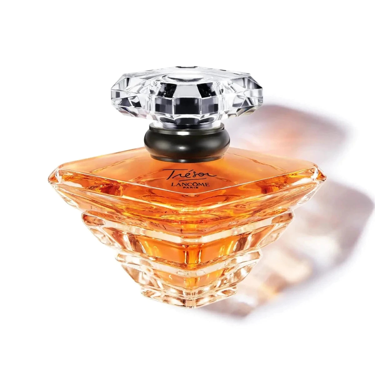 Lancôme Trésor Eau de Parfum bottle with rose, lilac, peach, and apricot blossom notes, elegant romantic women's perfume.