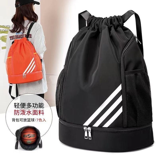 Large basketball backpack with drawstring pockets and spacious interior by MANDOTOS INTERNATIONAL, designed for sports and casual use.