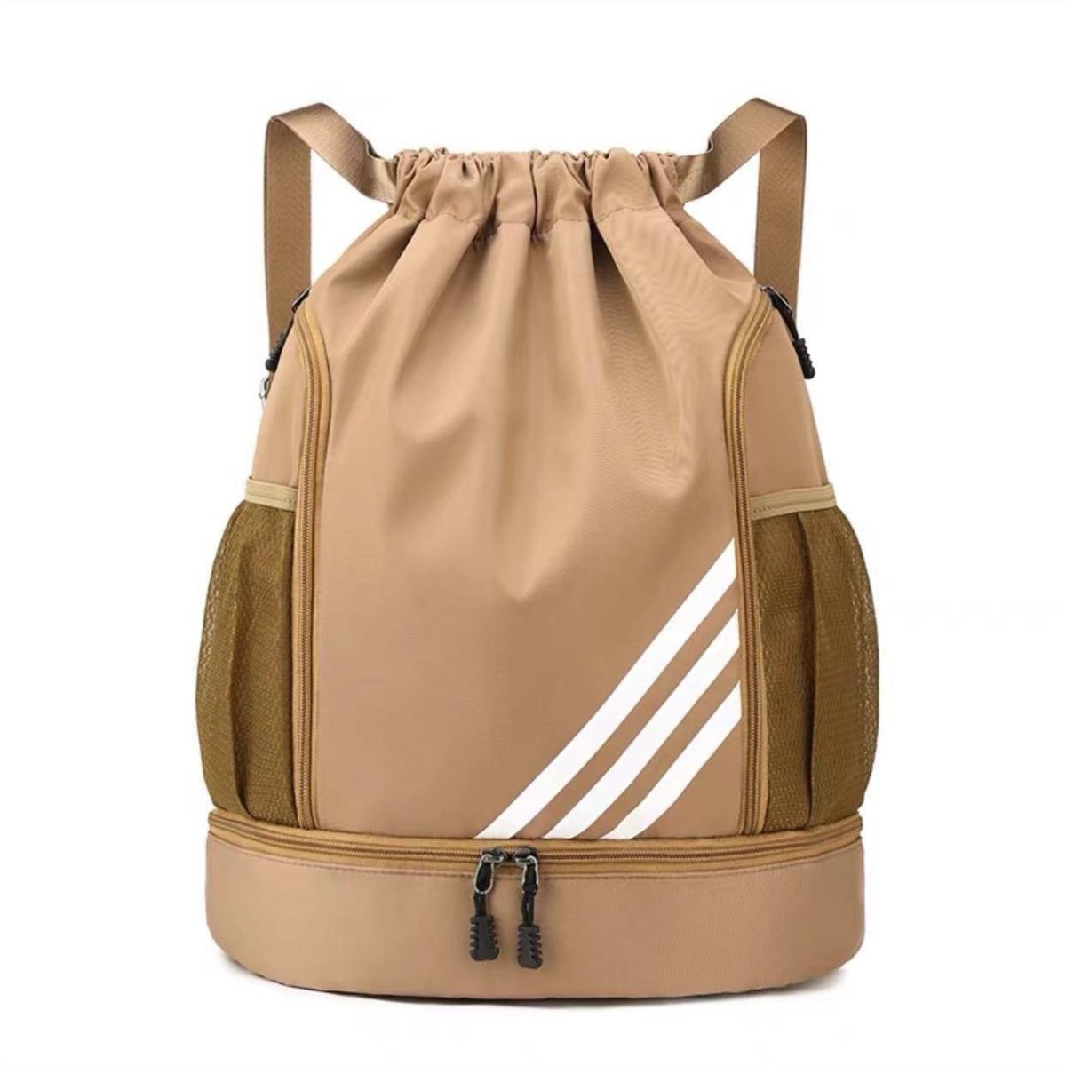 Large capacity basketball backpack with drawstring pocket by MANDOTOS INTERNATIONAL, featuring multiple compartments and adjustable straps.