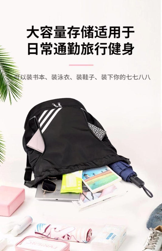 Large capacity basketball backpack by MANDOTOS INTERNATIONAL with drawstring pocket and multiple compartments for sports gear.