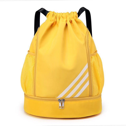 Large basketball backpack with drawstring pocket and multiple compartments by MANDOTOS INTERNATIONAL, ideal for sports and school use.