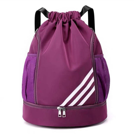 Large basketball backpack by Mandotos International with drawstring closure and multiple pockets for sports gear storage