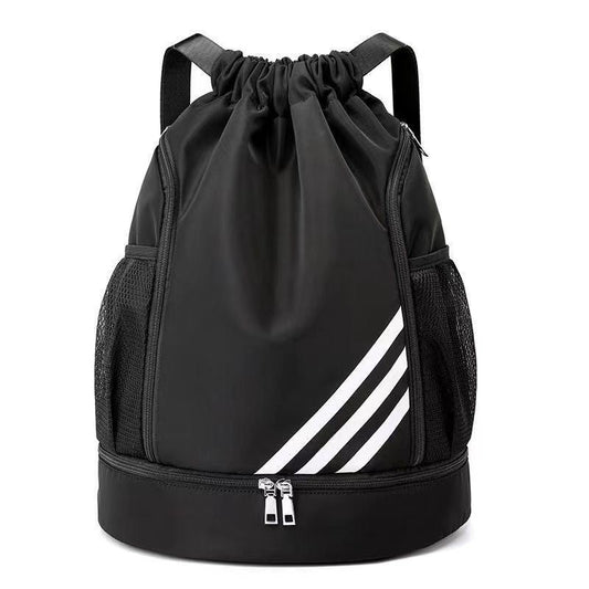 Large capacity basketball backpack with drawstring pocket from MANDOTOS INTERNATIONAL, featuring multiple compartments and sporty design.