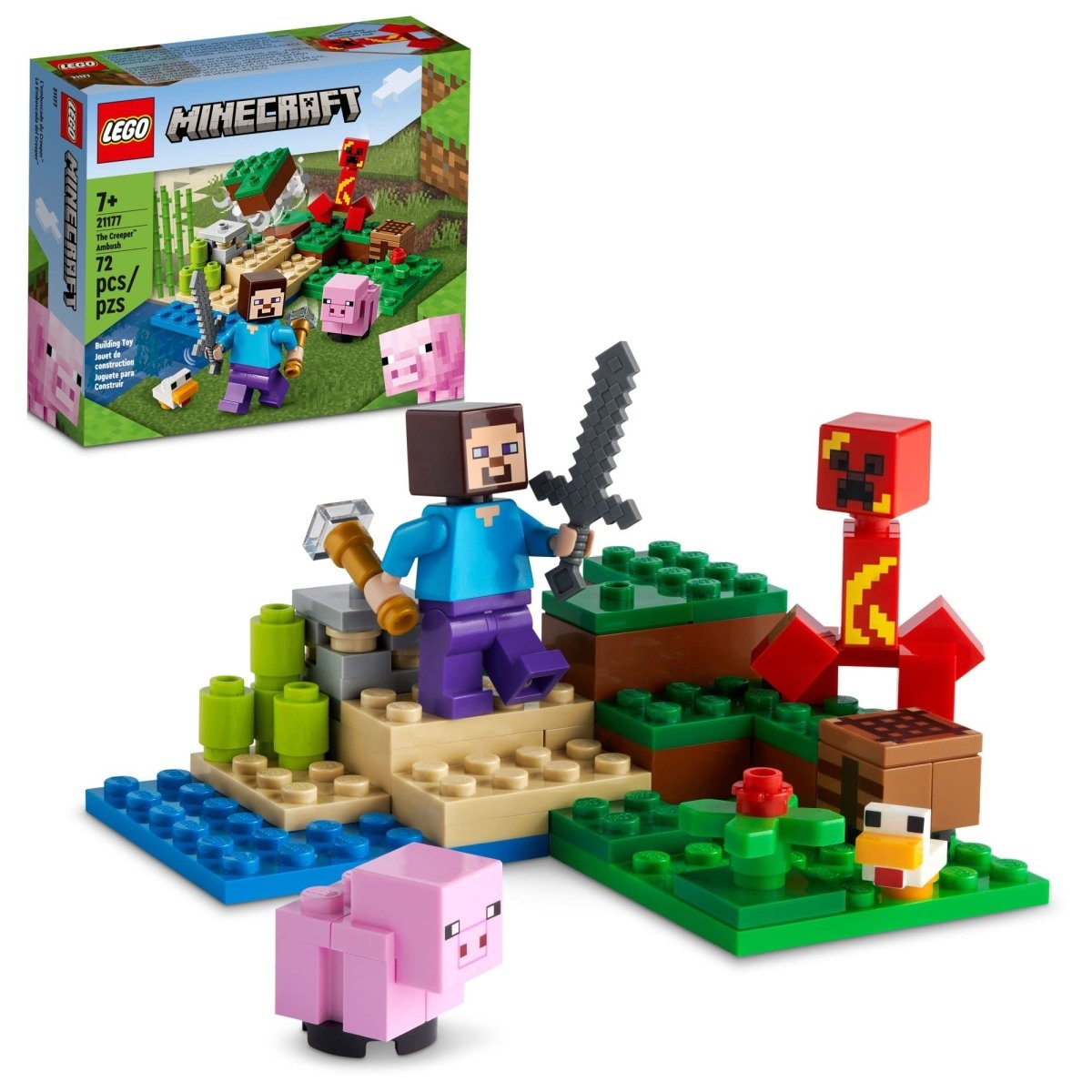 LEGO Minecraft Creeper Clash Set 21177 featuring Steve and animal friends, with detailed Minecraft-themed LEGO characters and scenery.