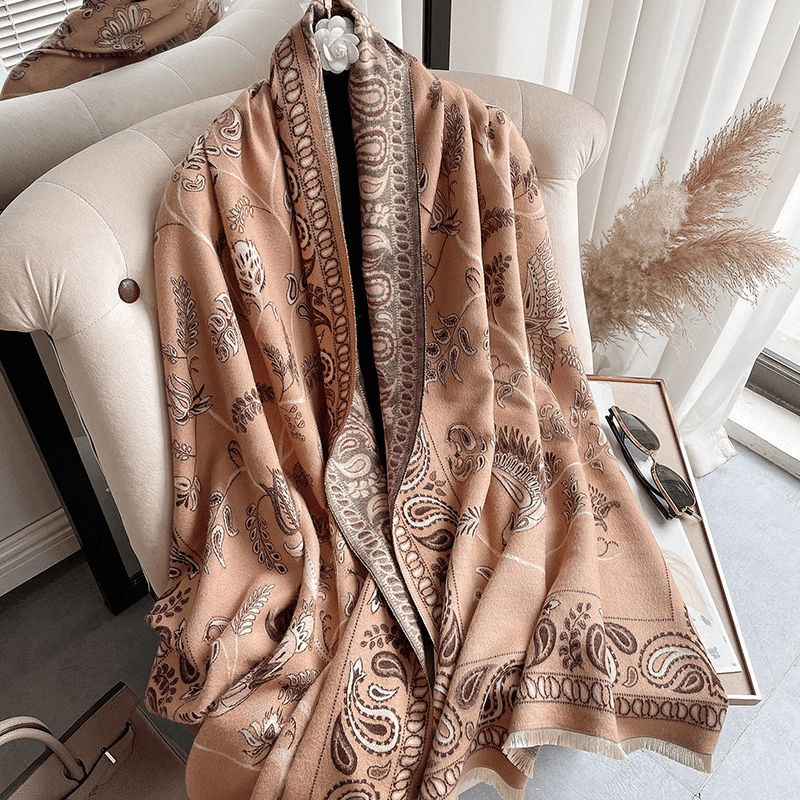 Mandotos International LuxeBreeze UV Scarf in soft fabric, stylish design, provides sun protection for outdoor wear.
