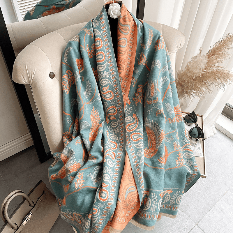 Mandotos International LuxeBreeze UV scarf in soft fabric, featuring stylish design and sun protection qualities.