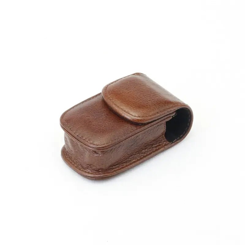Luxury leather folding eyewear case by MANDOTOS INTERNATIONAL, open to show soft interior and secure clasp.