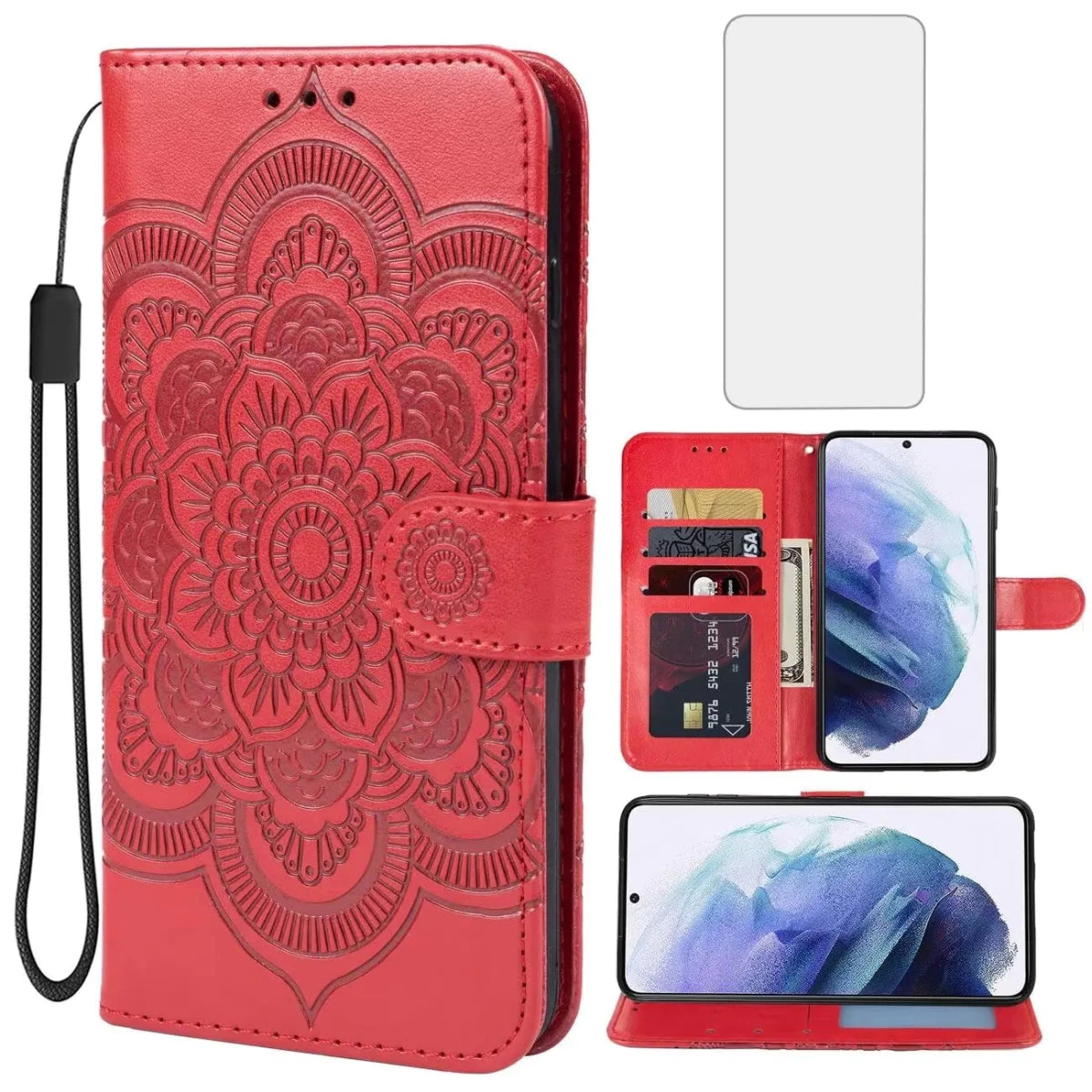 Mandotos International Mandala Red Wallet Case with screen protector for Galaxy S21, featuring card slots and stylish design.