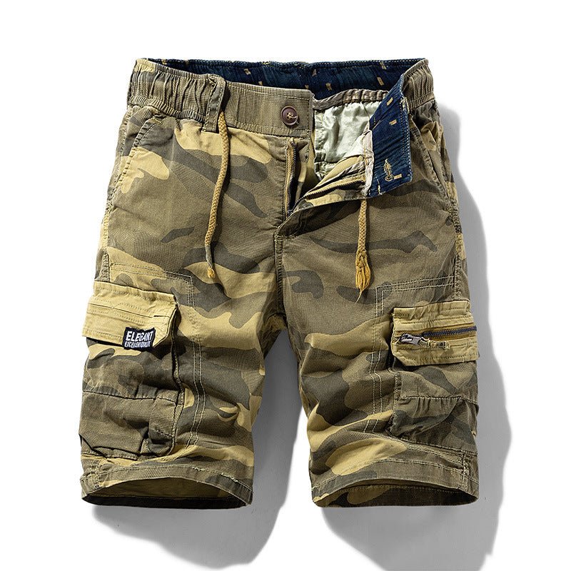 Men's camo street outdoor stretch tooling shorts by Mandotos International, featuring a relaxed fit and camouflage pattern.