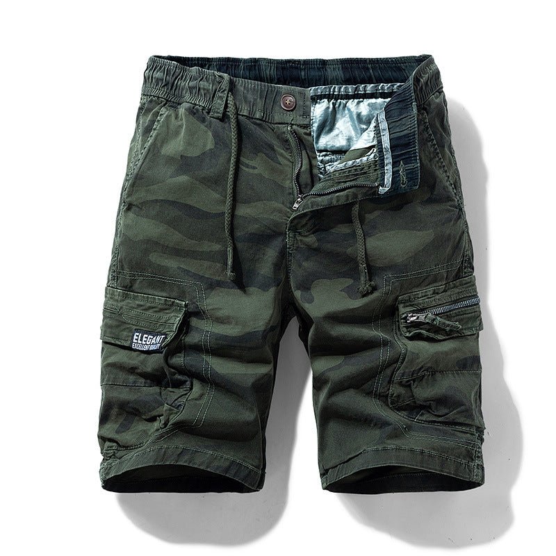Men's camouflage street outdoor stretch tooling shorts by Mandotos International, featuring a relaxed fit and functional design.